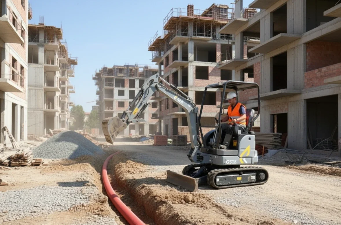 Mini excavadora GS18 trabajando en zanja