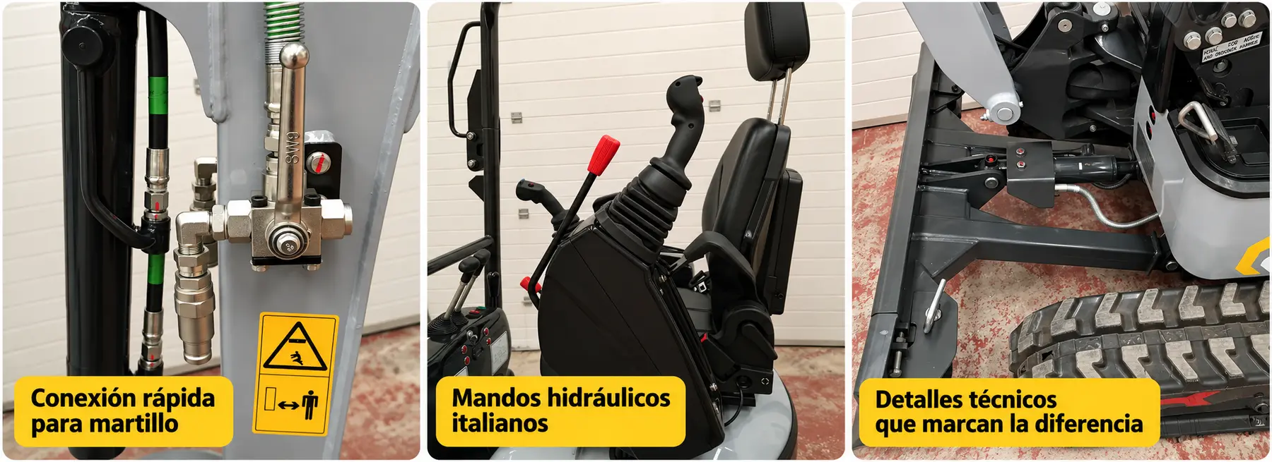 Detalles de la miniexcavadora MG10: conexión para martillo, mandos hidráulicos italianos y componentes del chasis